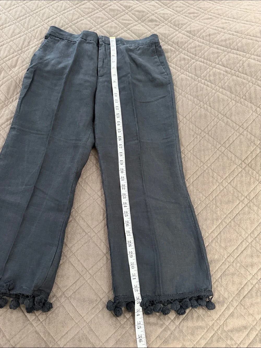 Zara Black Linen Trousers/Pants with Pom Trim size L